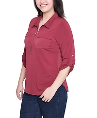Ny Collection Women's 3/4 Roll Tab Zip Front Top