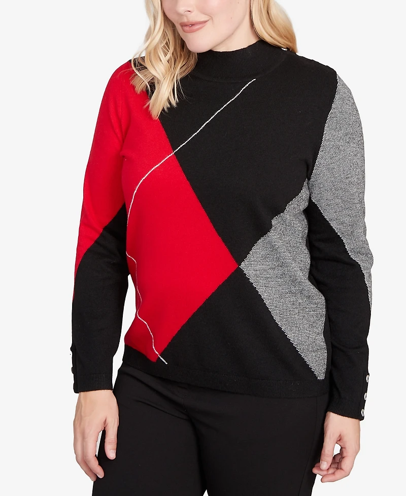 Alfred Dunner Jet Setter Exploded Argyle Mock Neck Sweater