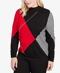 Alfred Dunner Jet Setter Exploded Argyle Mock Neck Sweater