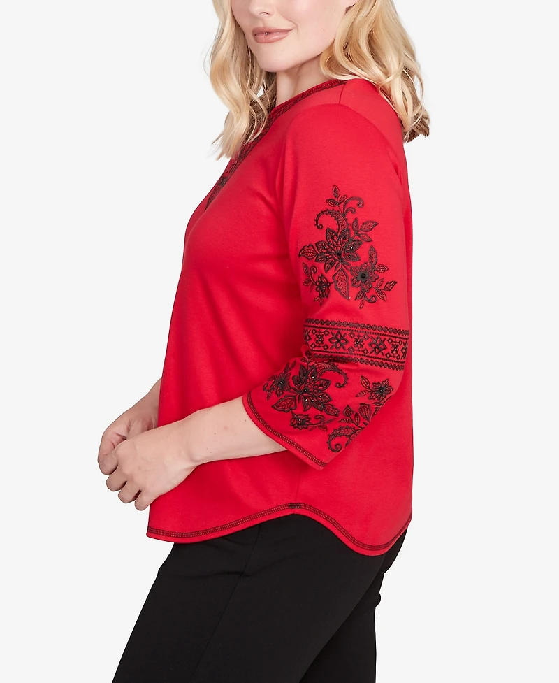 Alfred Dunner Jet Setter Knit Embroidered Sleeve Beaded Split Neck Top