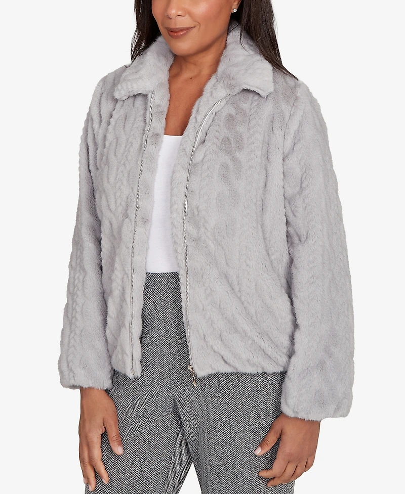 Alfred Dunner Jet Setter Sculpted Faux Fur Zip Up Jacket