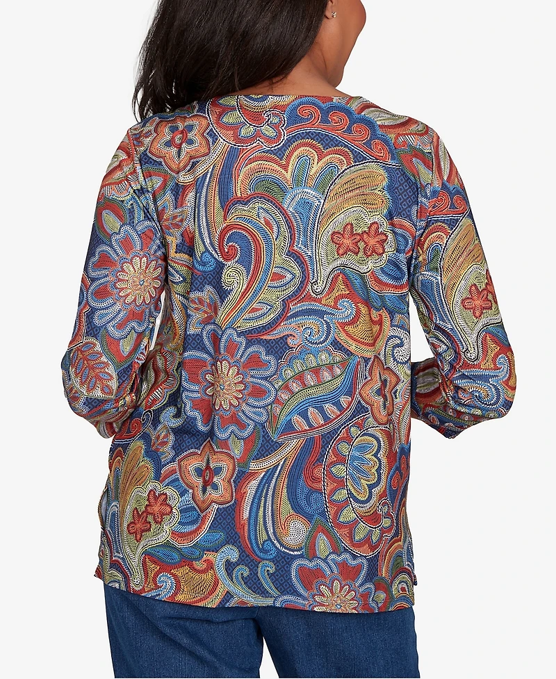 Alfred Dunner Sunset Canyon Stitched Floral Pleated Neck Top