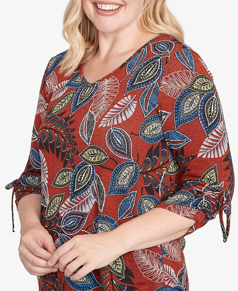 Alfred Dunner Sunset Canyon Batik Leaves Melange Asymmetrical Top
