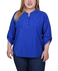 Ny Collection Plus Size 3/4 Tabbed Sleeve Y Neck Top