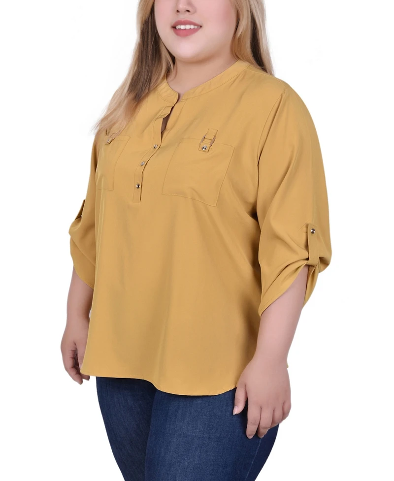Ny Collection Plus 3/4 Tabbed Sleeve Y Neck Top