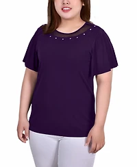 Plus Size Short Sleeve Knit Top with Sheer Inset