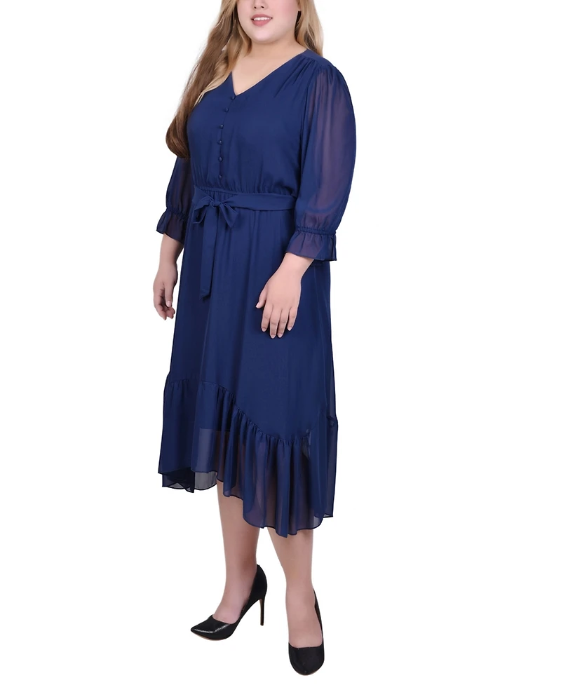 Ny Collection Plus 3/4 Sleeve V-Neck Flounced Dress