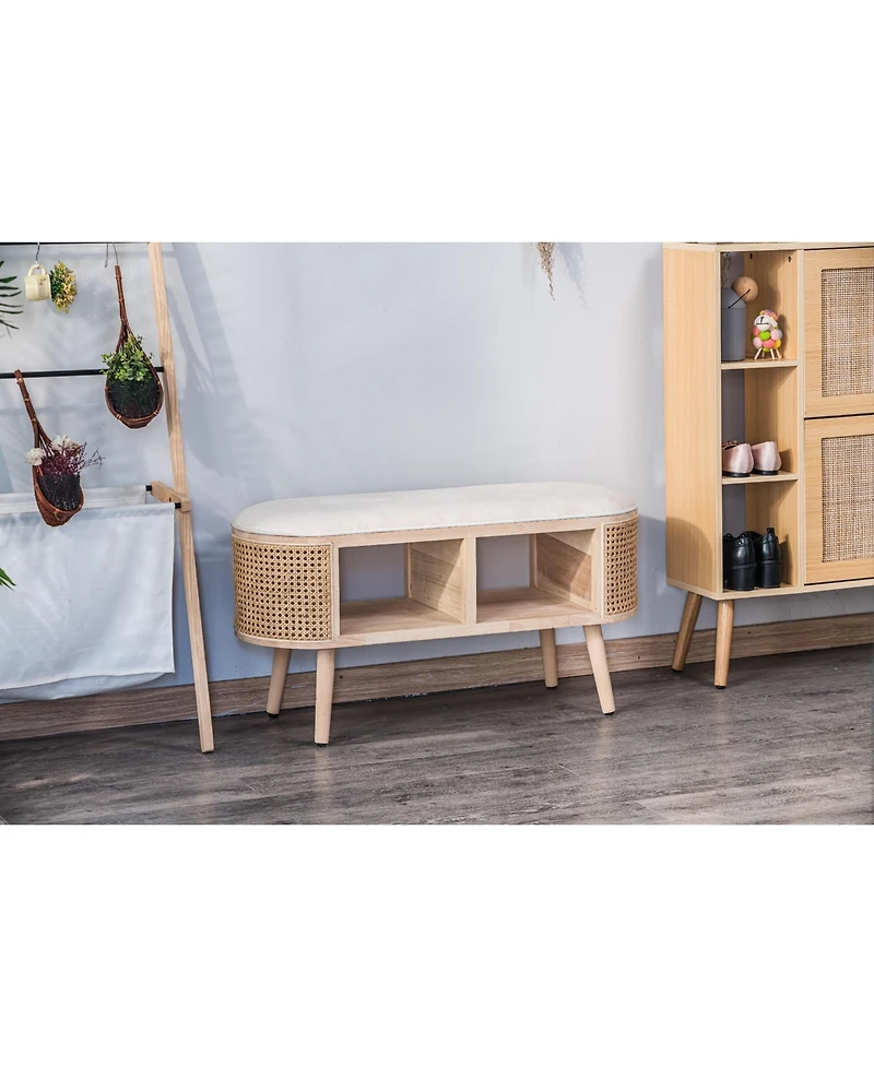 Nordlys - Beige Velvet and Rattan Storage Bench Exotic Boho Upholstery Entry