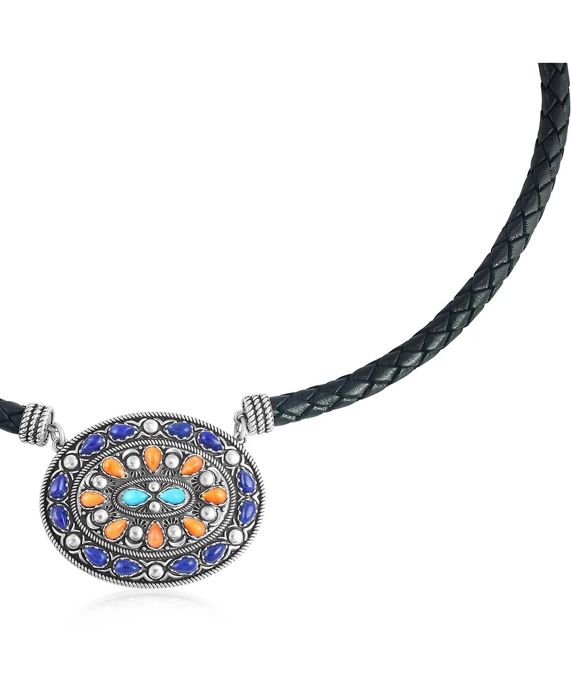 American West Jewelry Sterling Silver Multi-Gemstone Oval Pendant Black Leather Necklace, 17 to 20 Inches
