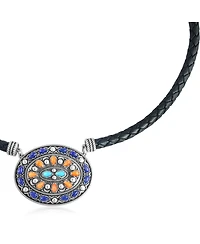 American West Jewelry Sterling Silver Multi-Gemstone Oval Pendant Black Leather Necklace, 17 to 20 Inches