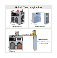 Maison Boucle Rolling Kitchen Island with Extendable Table, Led Lights, Outlet, Fluted Glass Doors & Shelves-Maison