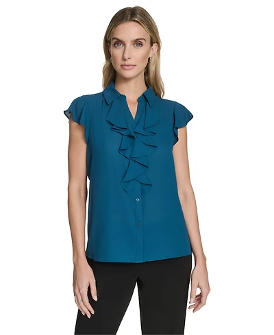 Calvin Klein Women's Solid Cap Sleeve Ruffle Top