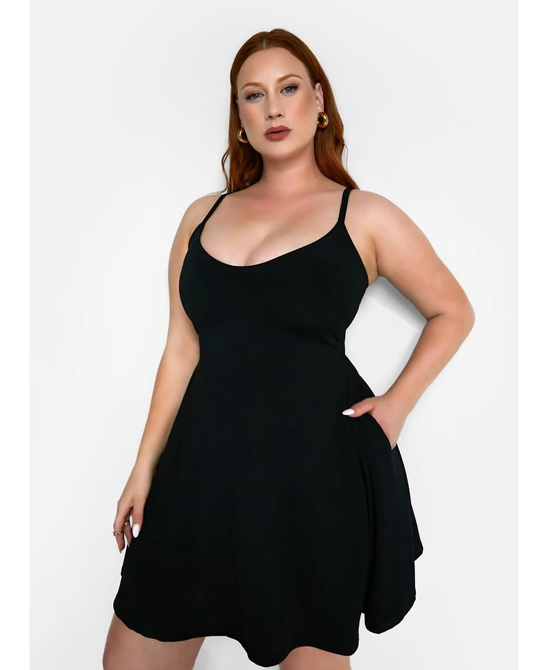 Rebdolls Women's Stylish Black V Neck Cotton Mini Skater Dress with Adjustable Straps