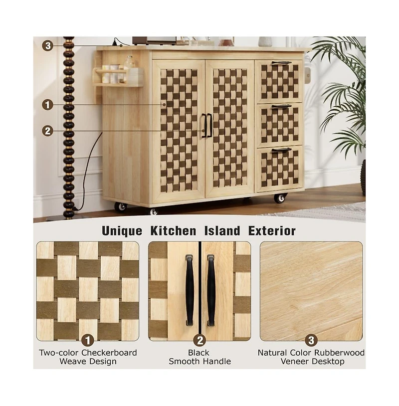 Maison Boucle 53.2" Rolling Kitchen Island with Drop Leaf, Power Outlet, 3 Drawers, Cabinets & Woven Checkerboard Design-Maison Boucle