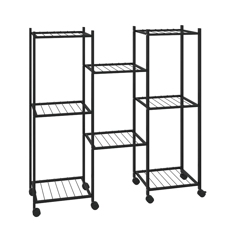 vidaXLFlower Stand Black Powder-Coated Iron Tall Rollable