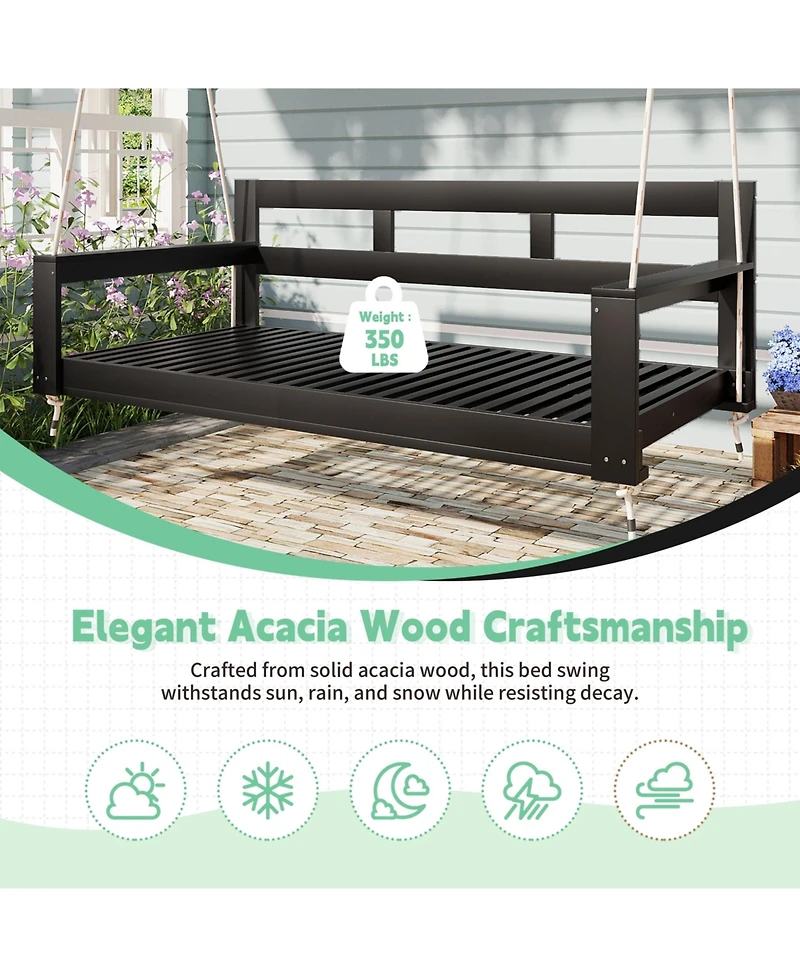 Flynama Topmax Acacia Wood Twin Size Porch Swing Daybed with Hanging Ropes