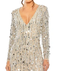 Mac Duggal Women's Beaded Fringe Detail Dress with Plunging Neckline and Long Sleeves