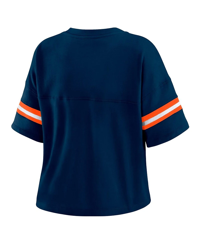 Wear by Erin Andrews Women's Navy Denver Broncos Color Block Boxy Modest Crop V-Neck T-Shirt