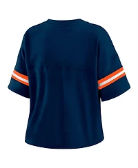 Wear by Erin Andrews Women's Navy Denver Broncos Color Block Boxy Modest Crop V-Neck T-Shirt