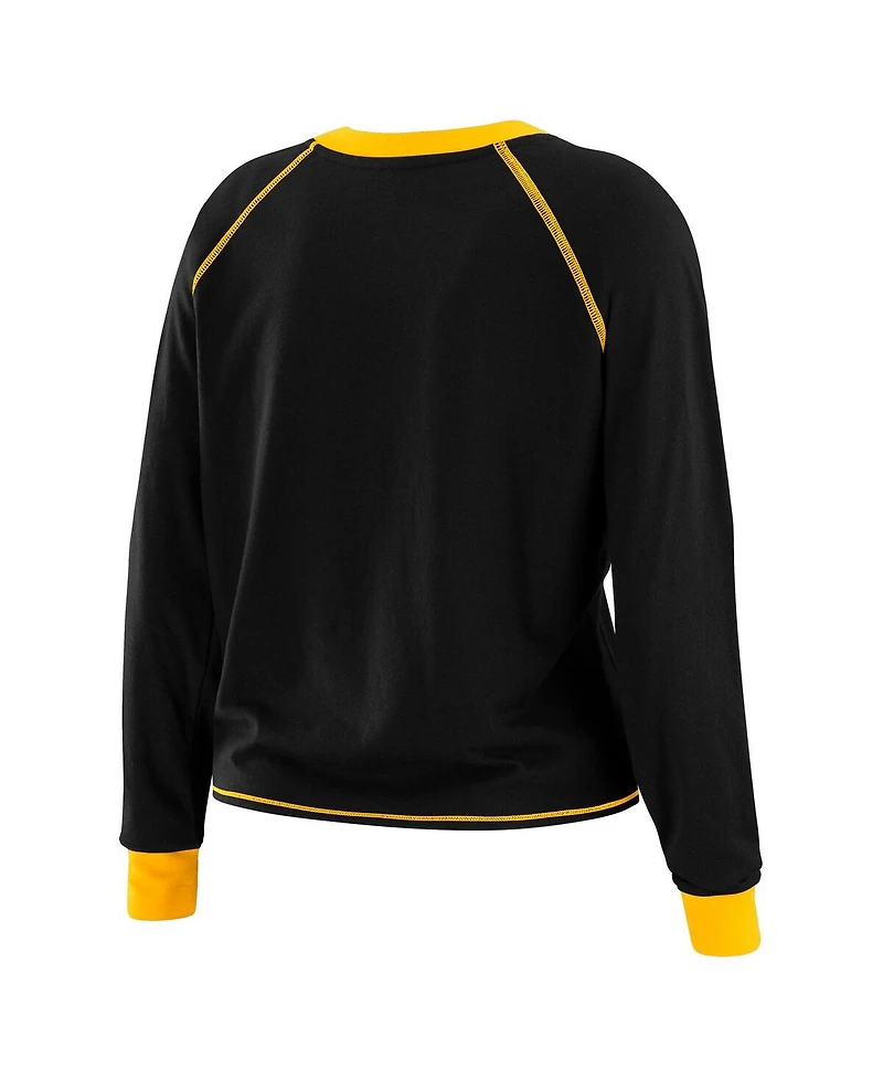 Wear by Erin Andrews Women's Black/Gold Pittsburgh Steelers Plus Size Tie-Front Long Sleeve Top