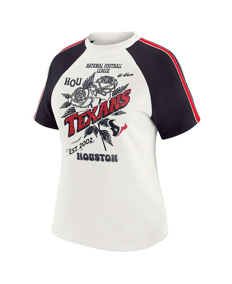 Wear by Erin Andrews Women's White Houston Texans Sleeve Stripe Distressed Raglan T-Shirt