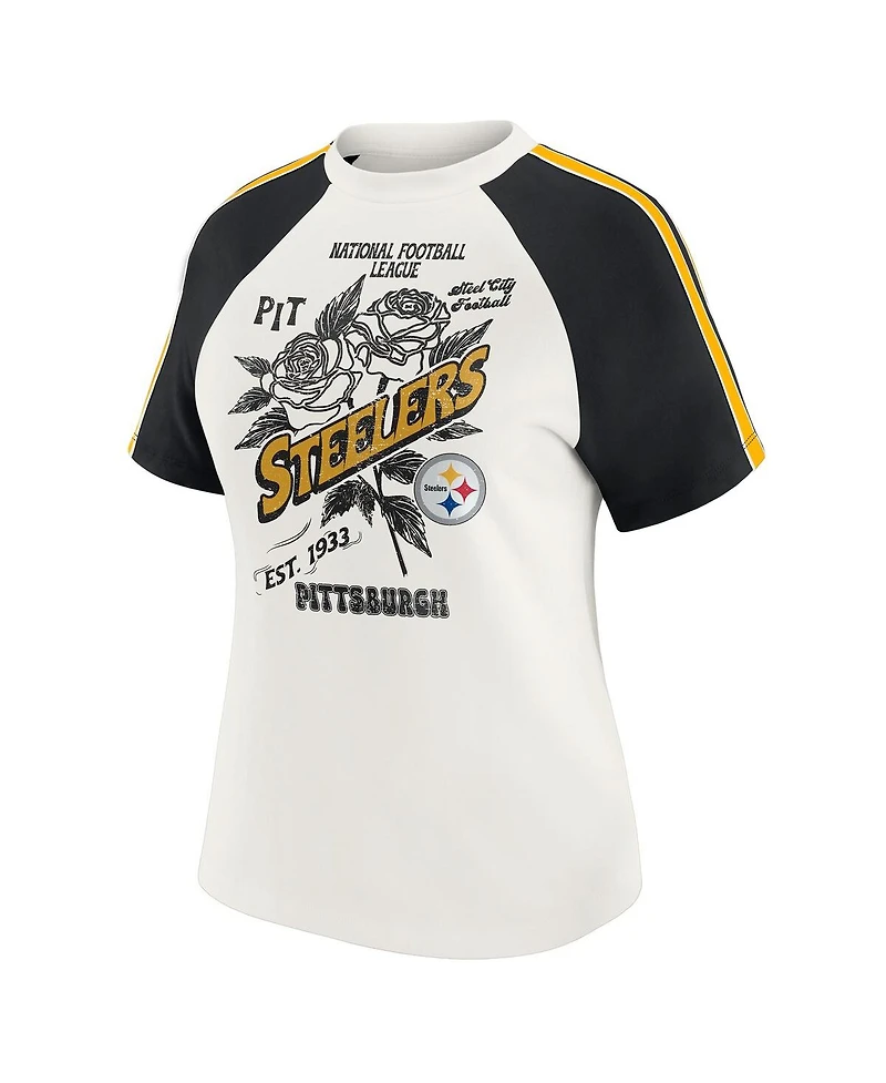 Wear by Erin Andrews Women's White Pittsburgh Steelers Sleeve Stripe Distressed Raglan T-Shirt