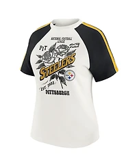 Wear by Erin Andrews Women's White Pittsburgh Steelers Sleeve Stripe Distressed Raglan T-Shirt