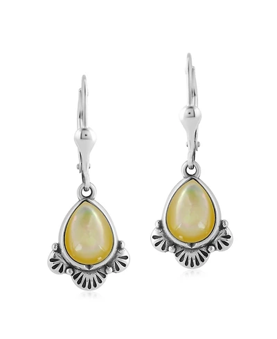 American West Jewelry Sterling Silver and Pear Shape Yellow Mother of Pearl Fan Lever Back Earrings