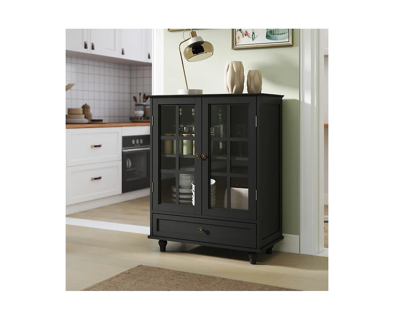 Casainc Storage Cabinet with Double Glass Doors and Drawer
