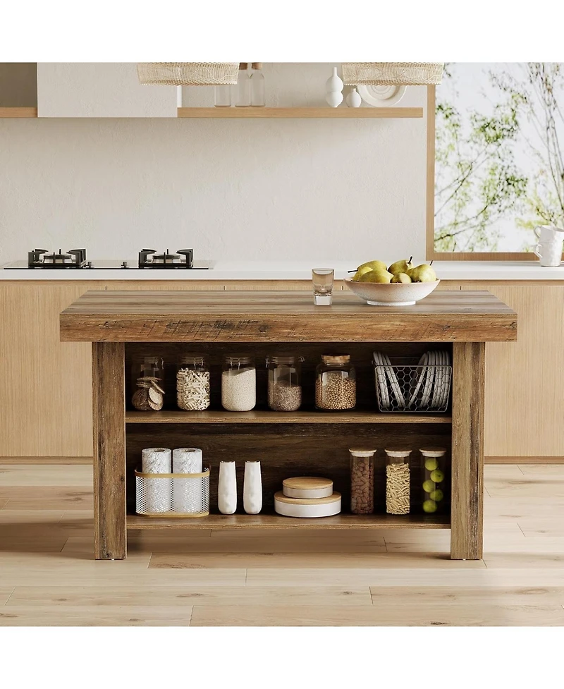 Tribesigns 55 Inches Kitchen Island with Storage, 3-Tier Farmhouse Wooden Stationary Island Table, Rustic Brown