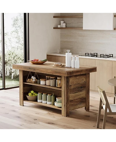 Tribesigns 55 Inches Kitchen Island with Storage, 3-Tier Farmhouse Wooden Stationary Island Table, Rustic Brown