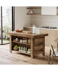 Tribesigns 55 Inches Kitchen Island with Storage, 3-Tier Farmhouse Wooden Stationary Island Table, Rustic Brown