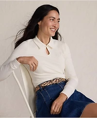 Lands' End Women's Long Sleeve Pointelle Rib Keyhole Polo Top