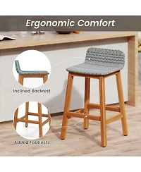 Gymax Solid Acacia Wood Bar Stools Set of Rattan Bar Height Patio Chairs for Porch