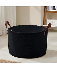 Ornavo Home 21" Large Round Cotton Rope Storage Basket Laundry Hamper with Faux Leather Handles