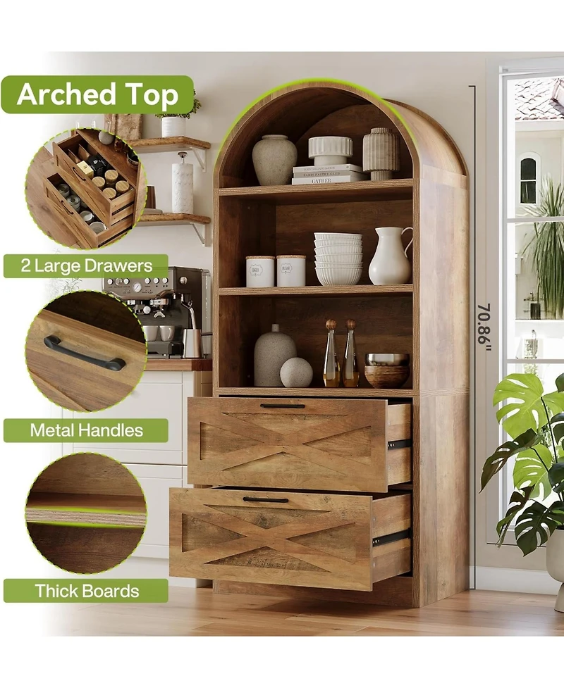 Tribesigns 71" Tall Arched Kitchen Pantry, Farmhouse Wooden Kitchen Cabinet, Free-Standing Versatile Cupboard, Brown