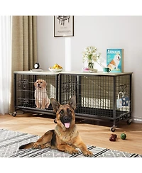 27" Grey & Black Modern Furniture-Style Dog Crate with Double Door, 360° Rotating Wheels, Anti-Slip Feet & Divider, End Table Design