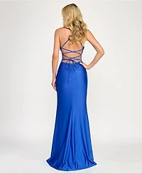 Katia Rae Juniors' Sleeveless Lace-Up-Back Gown