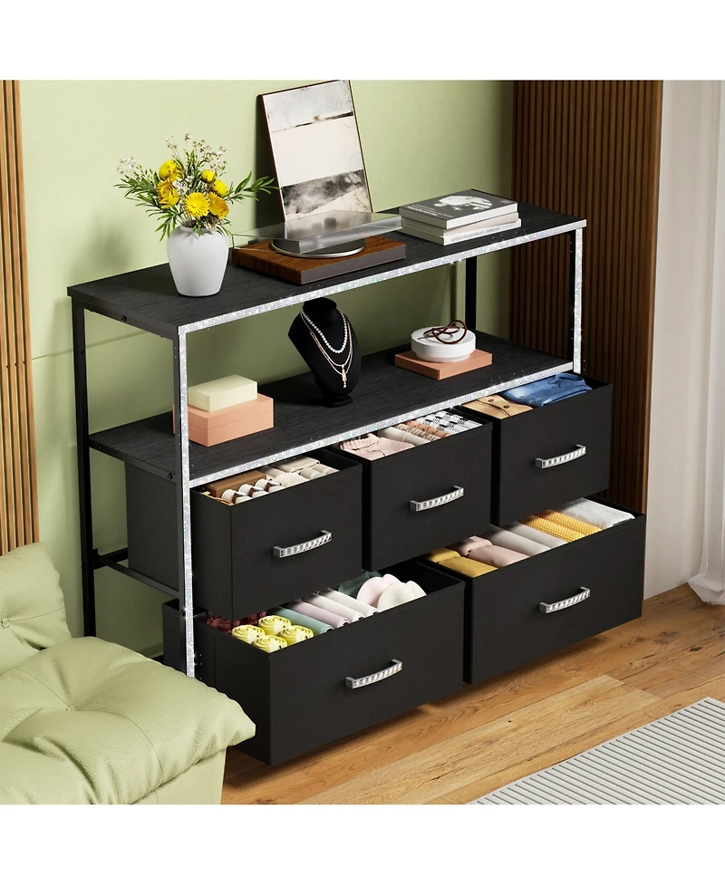 Mr Ironstone Dresser Tv Stand, Entertainment Center with 5 Fabric Drawers, Media Console Table for Tv with Open Storage Shelf Dresser for Bedroom/Livi