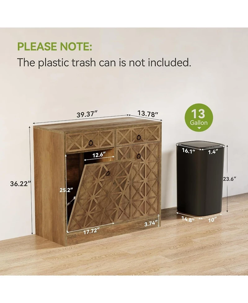 Tribesigns Modern Kitchen Island with Double Tilt-Out Trash Cabinet, 13 Gallon Fluted Storage Cabinet with 2 Drawers & Hidden Trash Bins, Rustic Brown