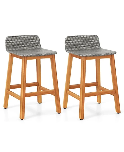 Gymax Solid Acacia Wood Bar Stools Set of 2 Rattan Bar Height Patio Chairs for Porch