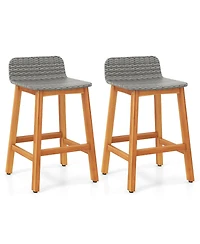 Gymax Solid Acacia Wood Bar Stools Set of 2 Rattan Bar Height Patio Chairs for Porch