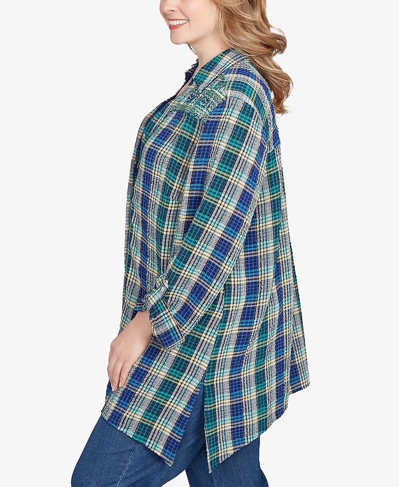 Ruby Rd. Plus Embroidered Plaid Button Down Top