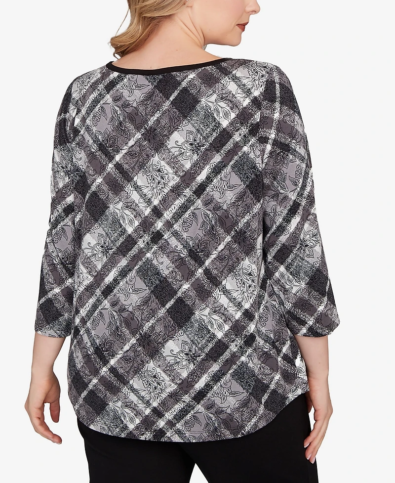 Ruby Rd. Plus Solid Tipped Plaid Knit Top