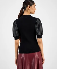 T Tahari Women's Ribbed Faux-Leather-Sleeve Top