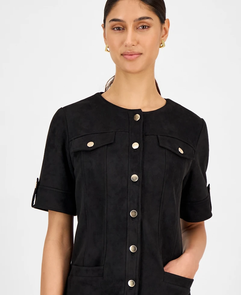 T Tahari Women's Faux-Suede Short-Sleeve Shirtdress