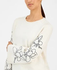 T Tahari Women's Embroidered-Sleeve Crewneck Sweater