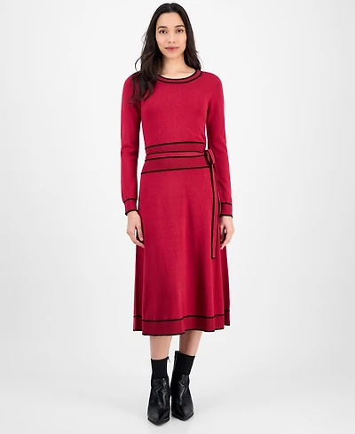 T Tahari Women's Wide-Rib Belted Sweater Dress