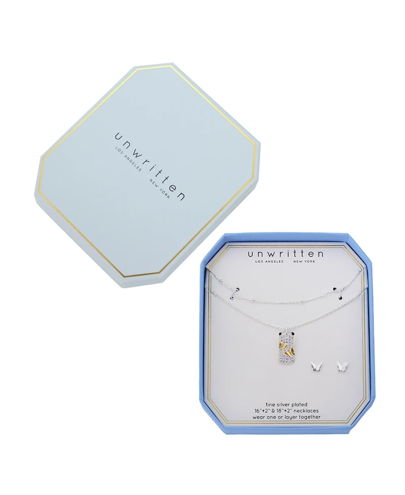 Unwritten Cubic Zirconia Butterfly Tag Pendant Layered Necklace and Earring Set