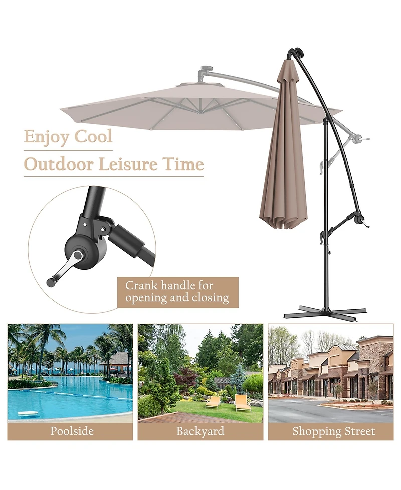Costway 10' Hanging Solar Led Umbrella Patio Sun Shade Offset Market W/Base